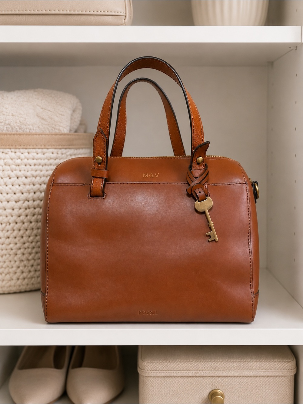 Fossil Rachel Brown Leather Satchel Key Charm Shoulder Bag